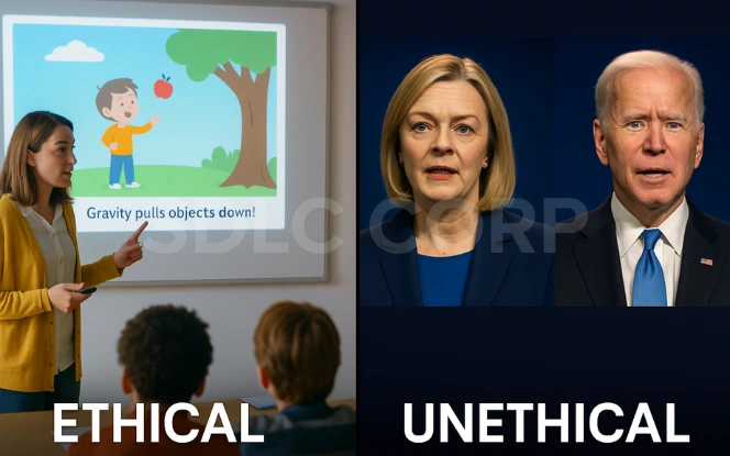 Ethical vs unethical use of Text-to-Video AI: a teacher explaining gravity to children vs manipulated videos of political figures.