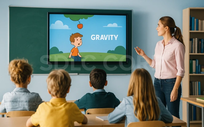 Teacher using Text-to-Video AI to display a visual animation of gravity for a classroom of young students.