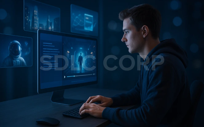 Young man working on a computer to edit or create content using Text-to-Video AI technology.