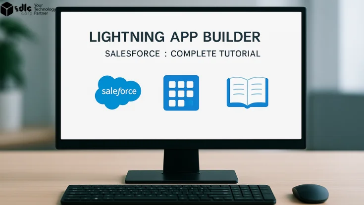 Photorealistic front-facing computer monitor with black keyboard and mouse on a desk, showing Salesforce Lightning App Builder title and clean icons for app building and tutorials, with professional blurred office background.