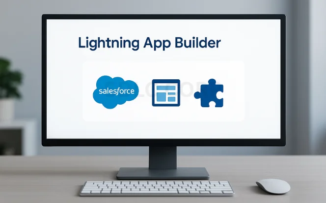 Realistic front-facing monitor with black keyboard and mouse, displaying colorful icons for Salesforce cloud, page layout, and puzzle piece to represent custom components, set against a blurred office background.