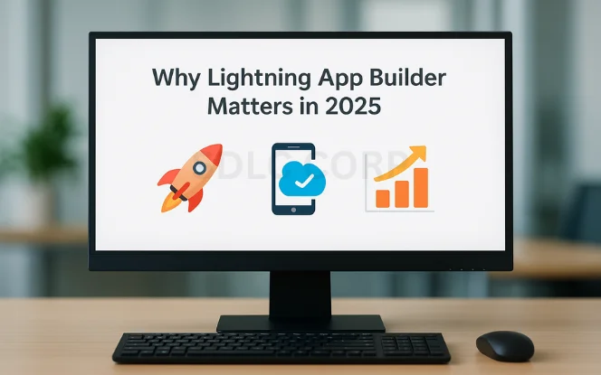 Front-facing realistic monitor with black keyboard and mouse, showing three vibrant icons — rocket, mobile/timer, and growth chart — symbolizing innovation, speed, and ROI, with a professional blurred office background.