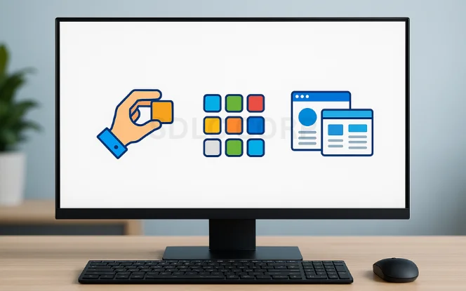 Realistic monitor with black keyboard and mouse, displaying colorful icons for drag-and-drop interface, component variety, and page types, evenly spaced on a clean white screen with a blurred office background.