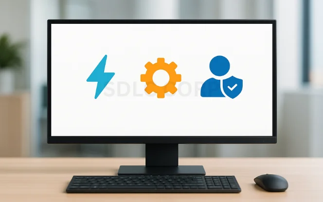 Photorealistic front-facing monitor with black keyboard and mouse, showing three vibrant icons — lightning bolt, settings gear, and user profile with shield — symbolizing enabling Lightning Experience, customization, and permissions.