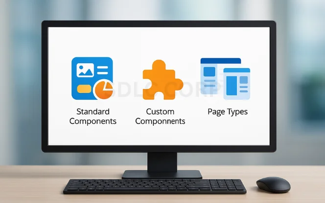 Realistic monitor with black keyboard and mouse, displaying vibrant icons for standard components, custom components (puzzle piece), and different page types, against a clean white UI with blurred office backdrop.