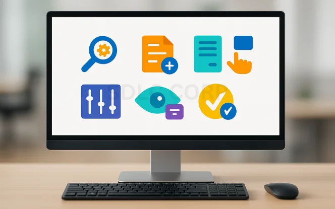 Photorealistic front-facing monitor with black keyboard and mouse, showing seven colorful icons — setup search, new page, document template, drag-and-drop, settings sliders, visibility eye, and checkmark badge — representing each build step.