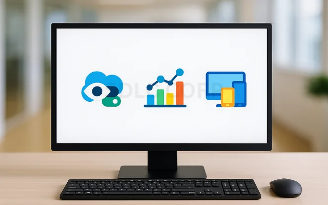 Realistic monitor with black keyboard and mouse, displaying three vibrant icons — visibility eye with filter, dashboard chart, and three devices — symbolizing dynamic visibility, embedded dashboards, and device-specific customization.
