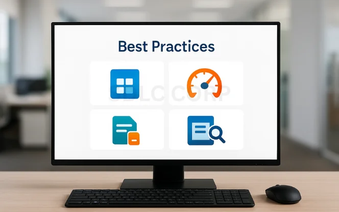 Photorealistic front-facing monitor with black keyboard and mouse, showing “Best Practices” heading above four colorful icons — clean grid layout, speedometer, layered document, and user testing avatar — in a 2x2 grid.