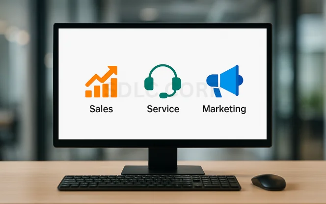 Realistic monitor with black keyboard and mouse, displaying three vibrant icons — sales chart, headset for service, and marketing megaphone — against a clean white UI with a blurred office background.