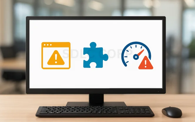 Photorealistic monitor with black keyboard and mouse, showing colorful icons for page not loading (warning page), broken puzzle piece, and performance slowdown (speedometer with warning), with professional blurred background.