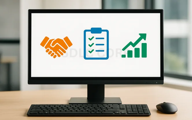 Realistic front-facing monitor with black keyboard and mouse, displaying three colorful icons — handshake, checklist, and growth arrow chart — symbolizing collaboration, wrap-up, and progress, against a clean office background.