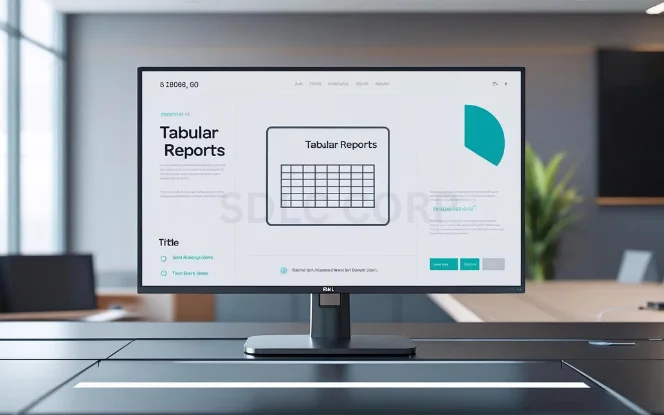 Computer monitor displaying a tabular report layout with gridlines and structured data.