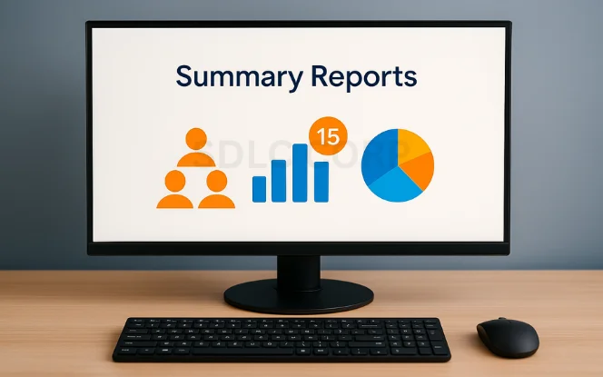 Computer screen showing summary report icons including people, bar chart, notification badge, and pie chart.