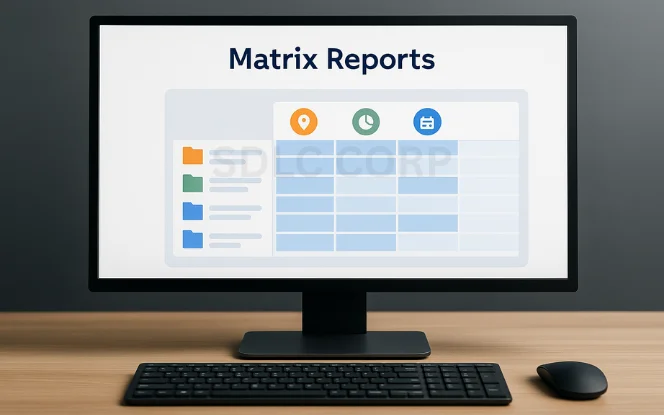 Monitor showing a matrix report with categorized data fields arranged in a grid format with icons.