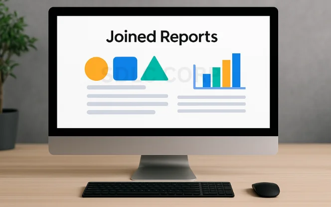 Desktop displaying a joined report with mixed visual elements like shapes and comparative bar charts.