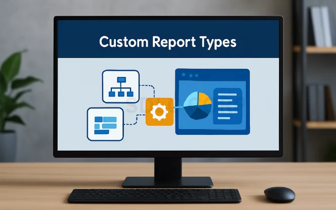 Monitor showing custom report types with interconnected icons representing workflow and analytics.