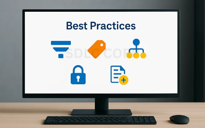 Computer screen with best practice icons such as funnel, tag, hierarchy, lock, and document symbols.