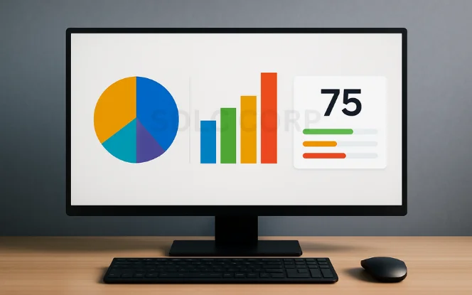Desktop showing various metrics including pie chart, bar graph, and a scorecard with number 75.