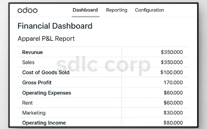 Fashion company financial report in Odoo dashboard.