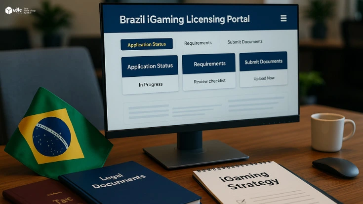 Two legal professionals in formal attire examining printed documents titled 'Brazil iGaming License' at a modern office desk, with a Brazilian flag in the background and digital charts on a glass wall illustrating the growth of Brazil's online gambling market.