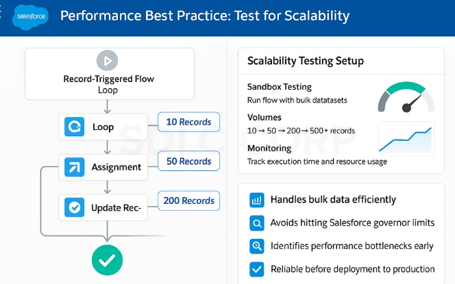 Salesforce Flow best practice testing scalability with bulk records to ensure performance.