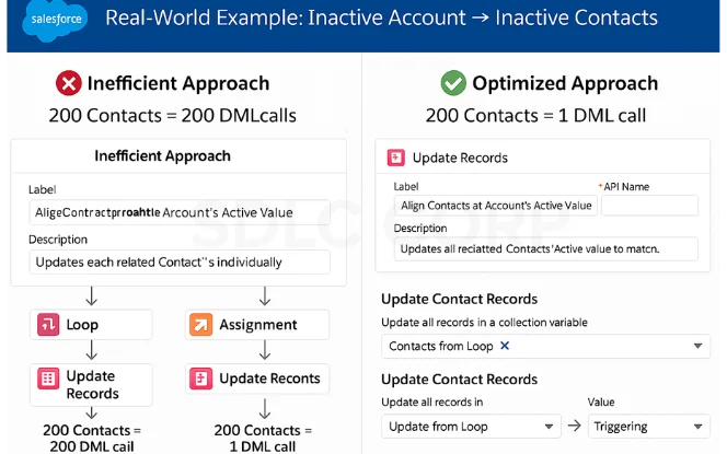 Salesforce Flow real-world example optimizing loops with bulk updates to avoid governor limits.