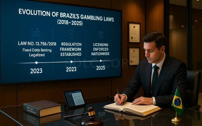 Illustration showing the timeline and major changes in gambling regulations in Brazil, including legal milestones, government policies, and industry growth.