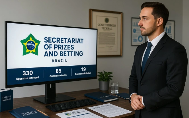 Illustration showing the Brazil iGaming Authority overseeing compliance, licensing, player protection, and enforcement of online gambling regulations.
