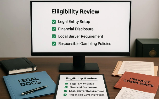 Infographic illustrating the eligibility criteria and legal requirements for obtaining an iGaming license in Brazil, including compliance checks, financial stability, and operational standards.