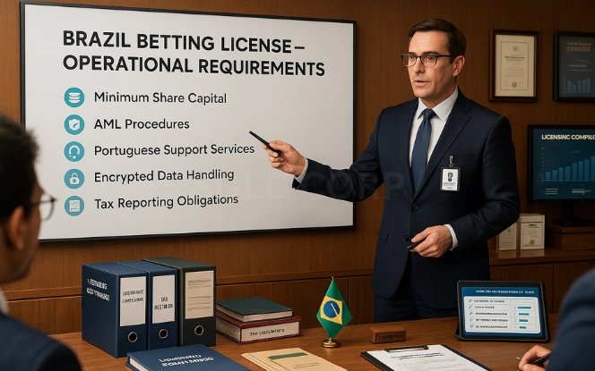 Visual representation of Brazil's betting license requirements, including application process, compliance standards, tax obligations, and responsible gambling measures.