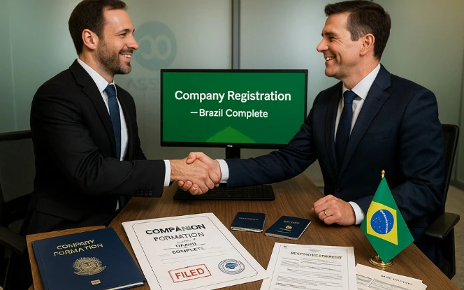 Illustration of the process to establish a legal entity in Brazil for iGaming operations, showing company registration, local office setup, and compliance with corporate regulations.