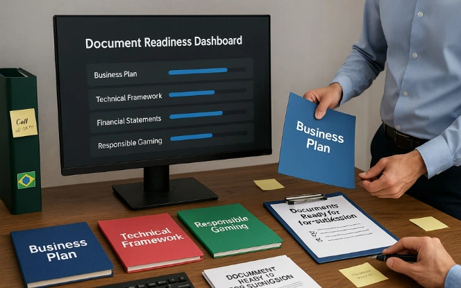 Graphic showing the preparation of required documentation for a Brazil iGaming license, including identity verification, financial statements, compliance reports, and operational plans.