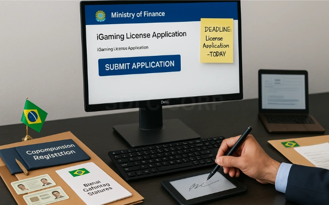 Illustration depicting the submission of an iGaming license application in Brazil, showing online form submission, document upload, and payment of application fees.