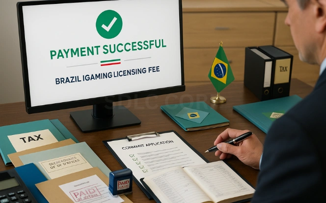 Visual showing the process of paying licensing fees for a Brazil iGaming license, including secure online payment, government fee confirmation, and receipt issuance.