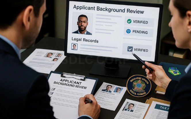Illustration of a regulatory background check for a Brazil iGaming license, showing verification of company history, financial integrity, legal compliance, and responsible gambling measures.