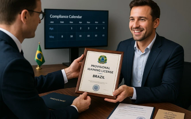 Graphic representing provisional approval for a Brazil iGaming license, showing official confirmation, temporary operating rights, and pending final compliance checks.