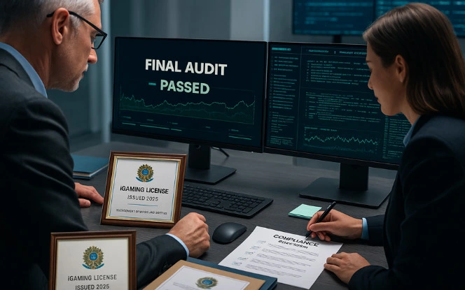 Illustration of the final inspection process for a Brazil iGaming license, showing compliance verification, operational review, and the issuance of the full license to operate.