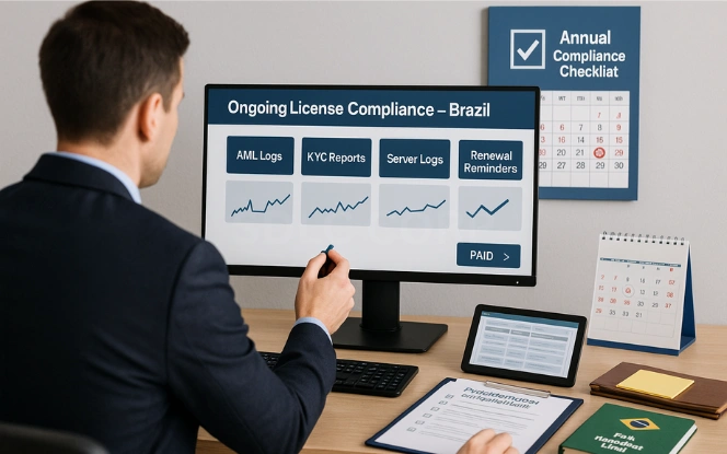 Visual representation of maintaining ongoing compliance for a Brazil iGaming license, showing regular audits, updated documentation, responsible gambling practices, and adherence to new regulations.