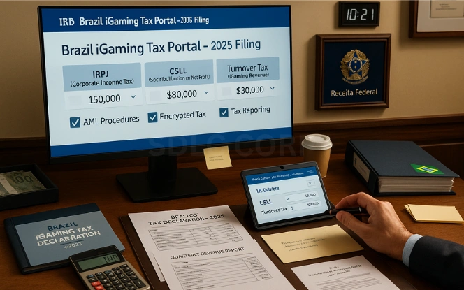 Infographic explaining taxation policies and financial obligations for licensed iGaming operators in Brazil, including tax rates, payment schedules, and compliance reporting.