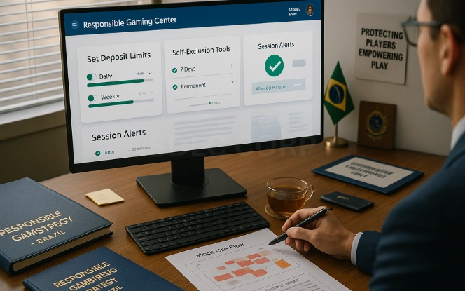 Graphic illustrating responsible gambling measures and player protections in Brazil’s iGaming industry, including self-exclusion tools, deposit limits, player support services, and addiction prevention programs.