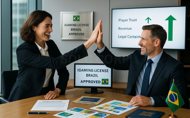 Visual highlighting the strategic advantages of holding a Brazil iGaming license, including market credibility, legal protection, expanded player trust, and access to a growing gaming market.