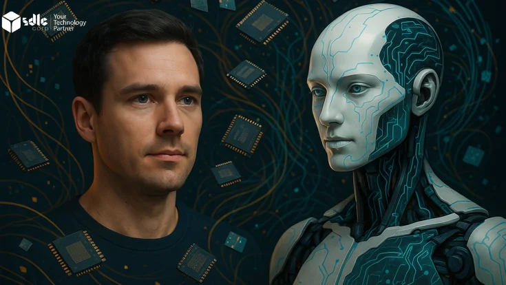 Concept art of Memory-Augmented AI Systems showing a realistic human face alongside a futuristic humanoid robot, connected by digital circuit patterns and microchips."