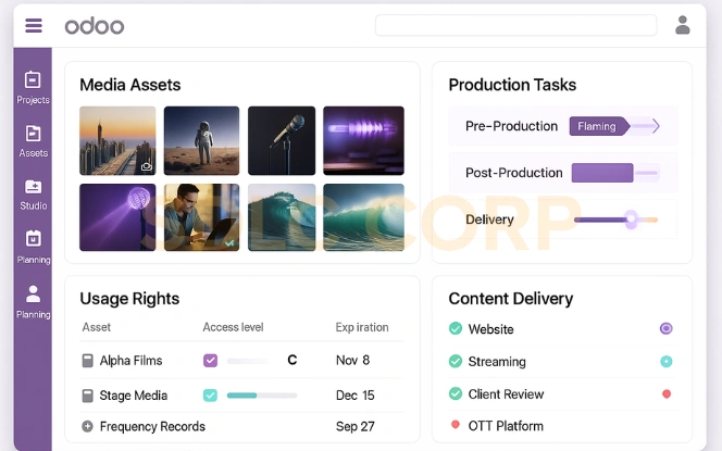 Real Odoo apps dashboard interface showing multiple business modules for media and entertainment companies.