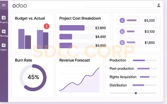 Real Odoo financial reporting interface with budget versus actual figures for precise budget tracking and financial control in media projects.