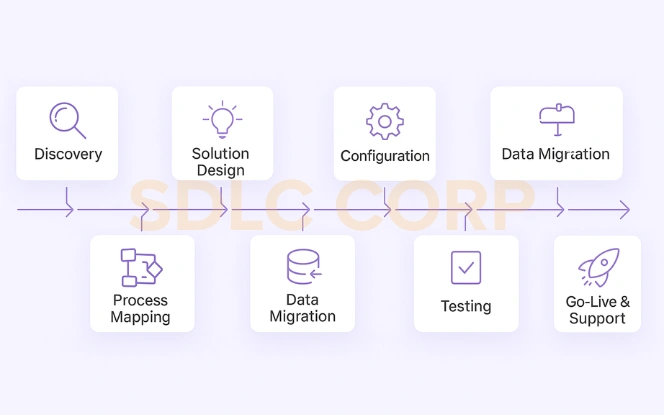 Step-by-step Odoo implementation process infographic showing eight stages from Discovery to Go-Live.