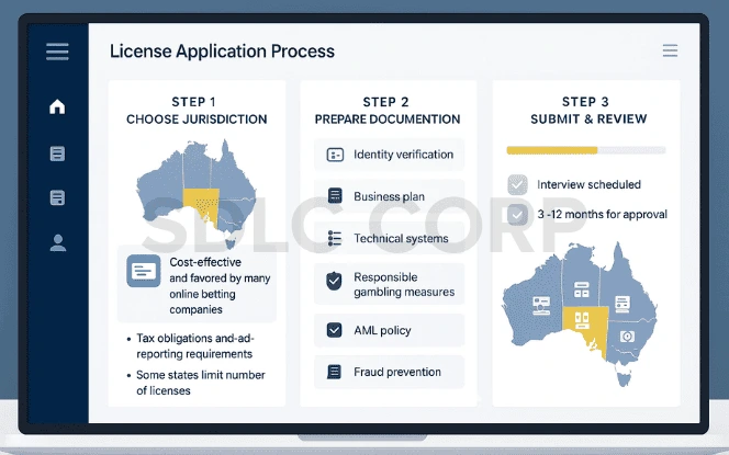 “A clean desktop dashboard visualizing the Australia iGaming License application process, with three steps: choose jurisdiction, prepare documentation, and submit & review, including maps, checklists, and timelines.
