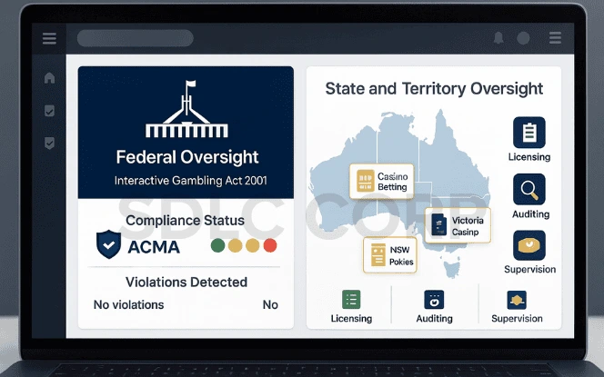 “A modern desktop interface illustrating Federal Oversight and State and Territory Oversight for the Australia iGaming License, with ACMA compliance status, violations report, and a map of Australia showing licensing, auditing, and supervision for different states.s.