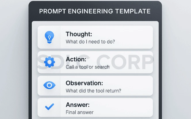 ReAct framework prompt engineering template displaying four vertical steps—Thought, Action, Observation, and Answer—with minimal icons and modern UI style.