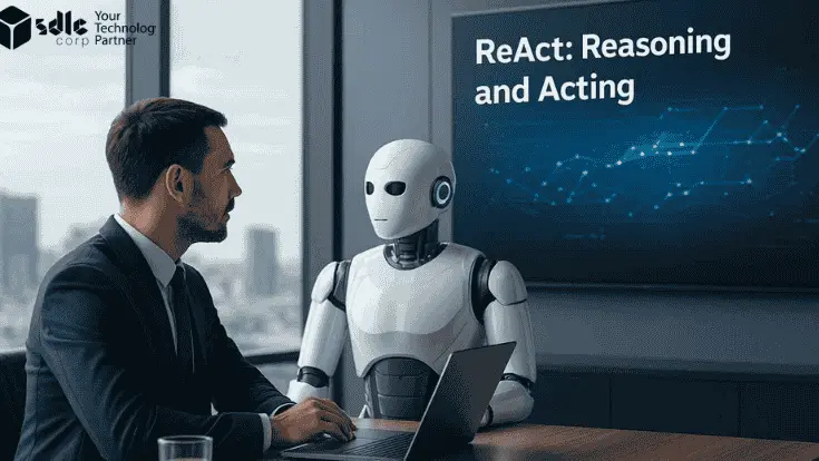 Professional ReAct framework banner showing a businessman in a navy suit collaborating with a humanoid AI robot in a modern boardroom, both engaged with a high-tech display screen against a city skyline backdrop.