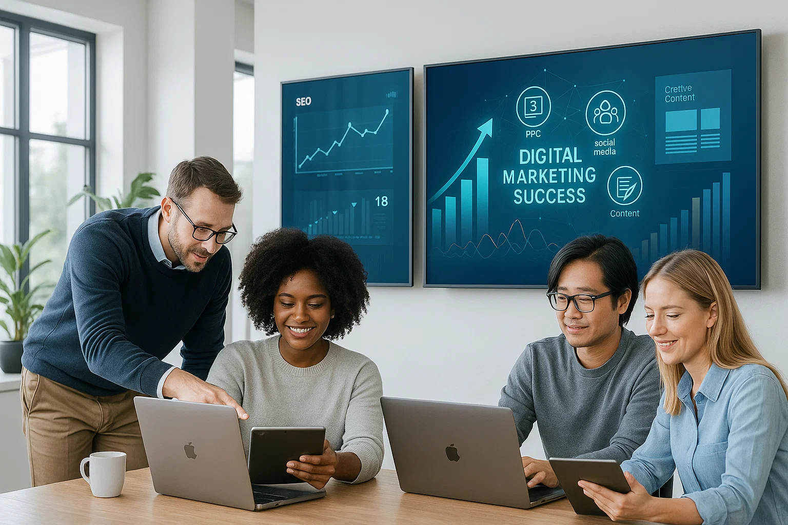   Abstract visual representation of digital marketing success with upward-trending graphs, network lines, and glowing icons for SEO, PPC, social media, and content marketing 
